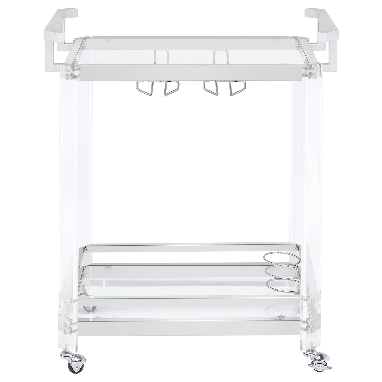 BOWERY HILL Bar Cart, Chrome Finish, Acrylic and Metal Frame with Glass Shelves, 35" H x 28.5" W x 17.25" D, Wine Bottle and Stemware Racks, Contemporary Style Serving Cart with Wheels