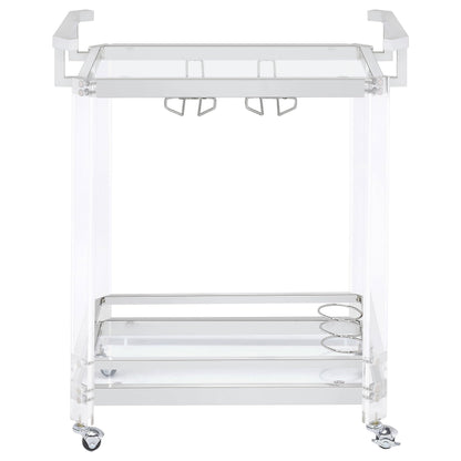 BOWERY HILL Bar Cart, Chrome Finish, Acrylic and Metal Frame with Glass Shelves, 35" H x 28.5" W x 17.25" D, Wine Bottle and Stemware Racks, Contemporary Style Serving Cart with Wheels