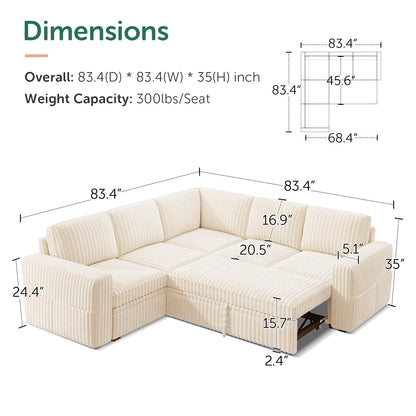 HONBAY Modular Sectional Sleeper Sofa with Pull Out Bed,Corduroy L Shaped Couch with Storage, Sectional Couches for Living Room,Beige