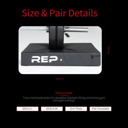 REP Fitness Crash Pads for Deadlifts and Olympic Weightlifting, Pair of High-Density Foam Drop Pads with Vinyl Covers and Nylon Handles, 29.5 x 22.5 x 5 in, Home Gym Floor Protection, Black Floor Pads