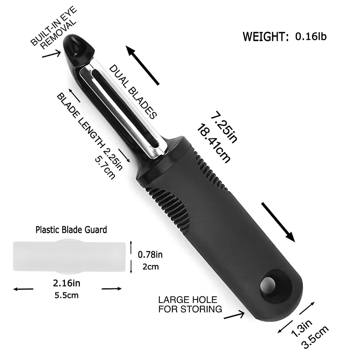 ANMIOU Swivel Vegetable Peeler with Non-Slip Ergonomic Handle, Rust-Proof Steel Blades, Built-in Potato Eye Remover, Plastic Blade Guard, Kitchen Peeler for Potato, Carrot, Apple, Veggie, Fruit, Black