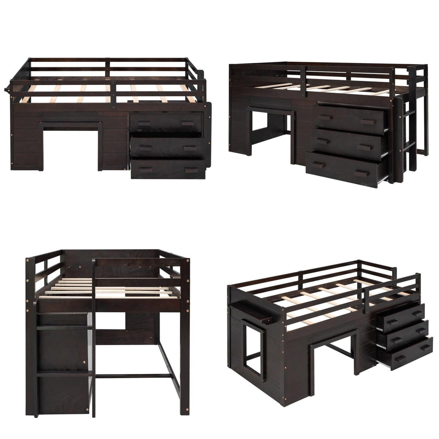 Merax Twin Wooden Loft Bed，Wood Bedframe for Kids Teens， Adults Bedroom with Cabinet, Shelf, Stairs, Espresso