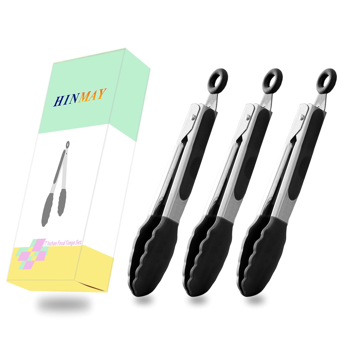 HINMAY Mini Tongs with Silicone Tips 7-Inch Kitchen Tongs, Set of 3 (Black)