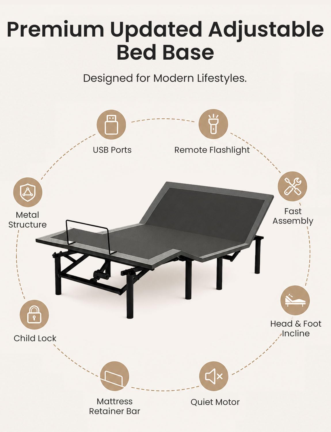 Full Size Adjustable Bed Base with Wireless Remote & USB Ports – Quiet Motor Heavy Duty 750lbs Capacity Bed Frame for Elderly Back Pain Relief, Foldable Design, Mattress Friendly Adjustable Base