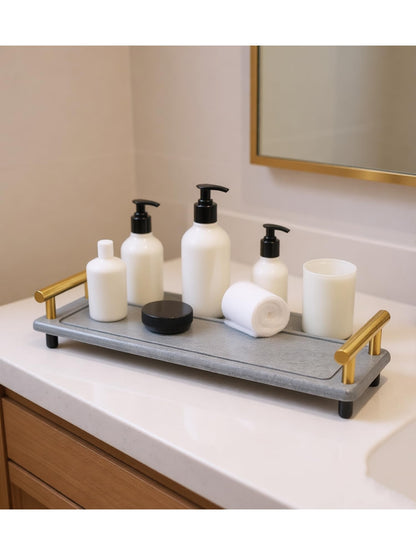 Instant Dry Sink Caddy Organizer,Diatomaceous Earth Bathroom Organizer with Handle Water Absorbing Stone Tray for Sink Water Absorbent Diatomite Coasters (S Gray Gold Handle)
