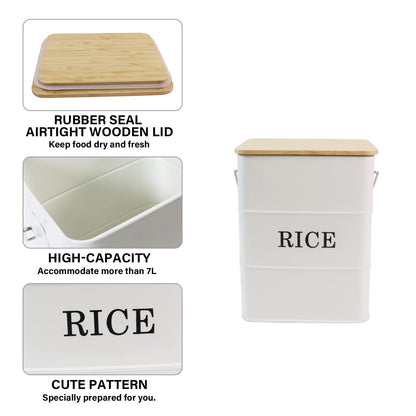 Gdfjiy Rice Container Metal Rice Storage Bin, Rice Storage Box with Airtight Bamboo Lid & Scoop, Food Storage Container for Rice Flour Soybean Grain Cereal (White)
