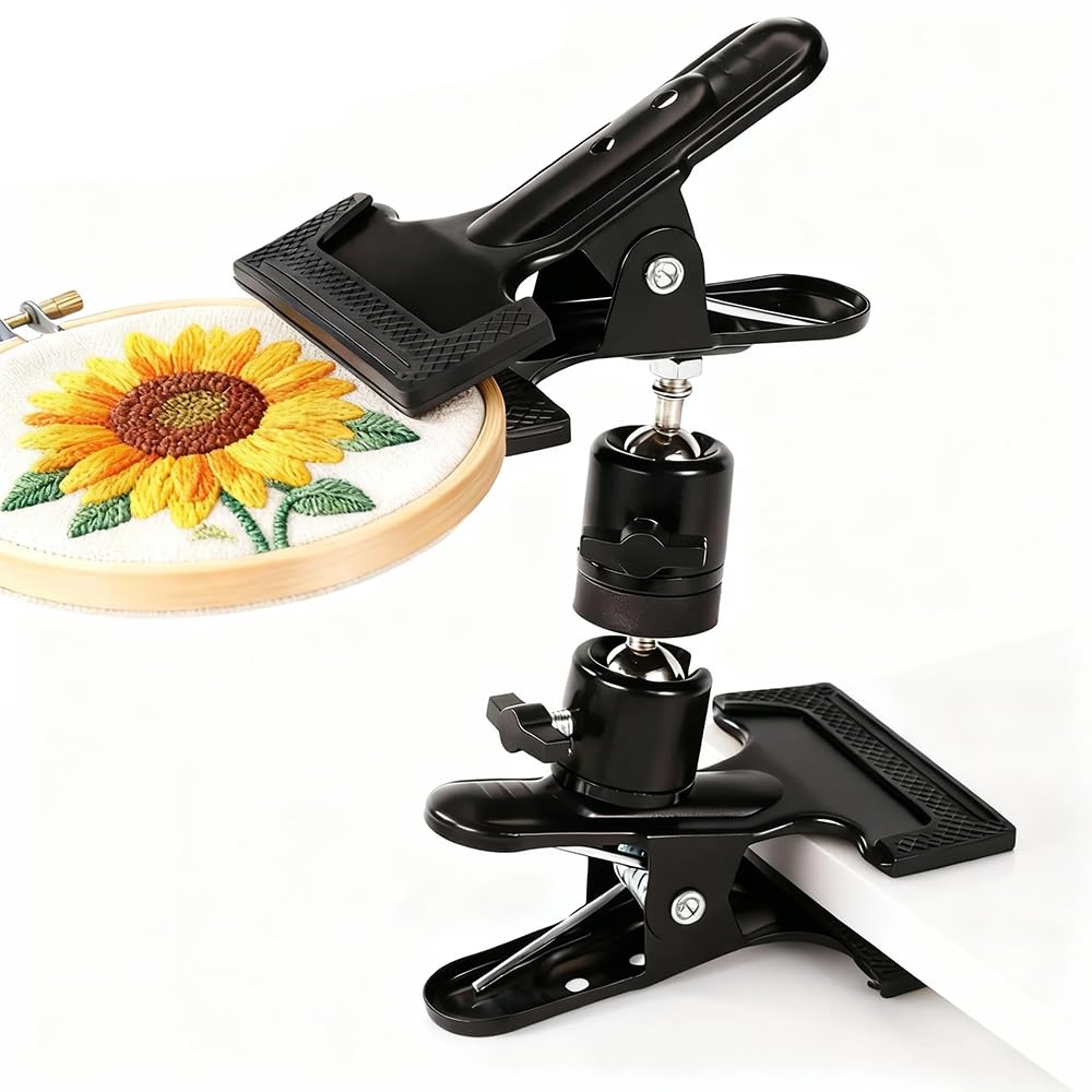PXIRQ Embroidery Hoop Stand Hands-Free: 360° Rotation Adjustable Table Metal Clamp for Cross Stitch, Needlepoint, Punch Needle & DIY Crafts – Compatible with Most Sizes/ Shapes of Embroidery Hoops