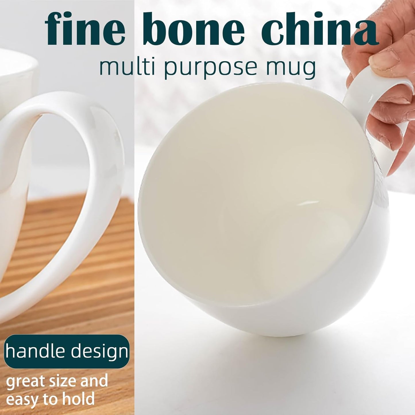 22 OZ Set 2 White Bone China Soup Mugs with Handles, Large Ceramic Coffee Mugs of for Hot Chocolate Cocoa Cereal Salads