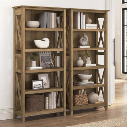 Bush Home Key West 5 Shelf Bookcase - Set of 2 | Tall Bookshelves in Reclaimed Pine | Sturdy Display Shelves for Library, Living Room, and Home Office