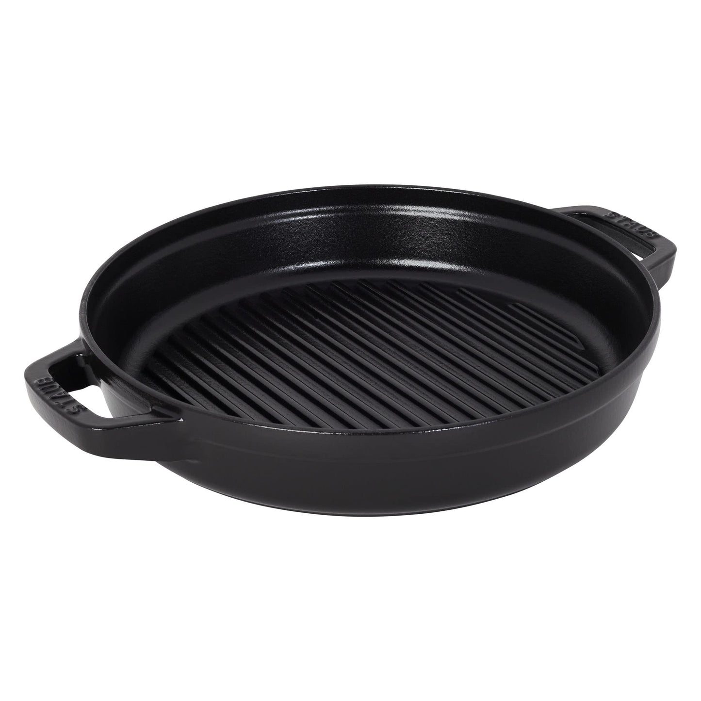 STAUB Cast Iron Set 4-pc, Stackable Space-Saving Cookware Set, Dutch Oven, Skillet, Grill Pan with Universal Lid, Made in France, Matte Black