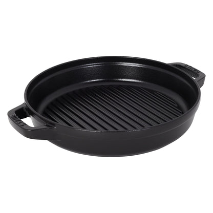 STAUB Cast Iron Set 4-pc, Stackable Space-Saving Cookware Set, Dutch Oven, Skillet, Grill Pan with Universal Lid, Made in France, Matte Black
