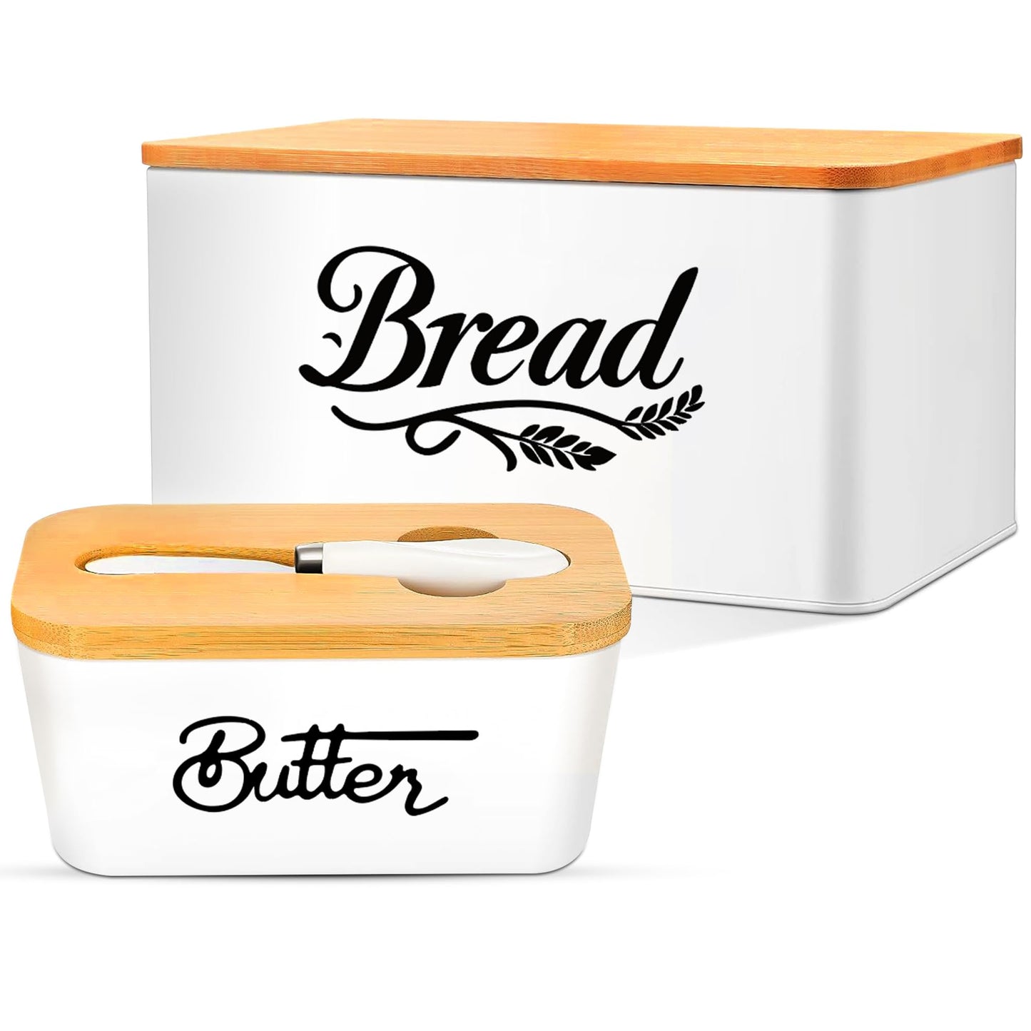 HOMDY, Bread Box for Kitchen Countertop, Bamboo Bread Bin with Cutting Board Lid, Ceramic Butter Dish with Lid & Knife, Bread Holder for Homemade Bread, Bread Storage, White Bread Box