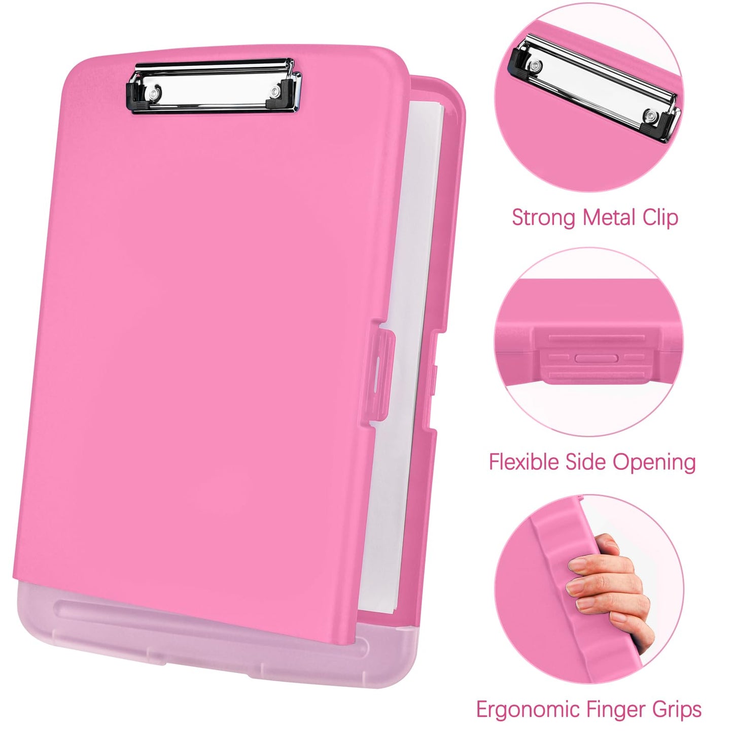 Meiikun Clipboard with Storage, Plastic Clipboards 8.5x11 with Pen Holder, High Capacity Nursing Clipboard Folder, Side Opening Storage Clip Board for Office Work Nurses Teachers (Pink)
