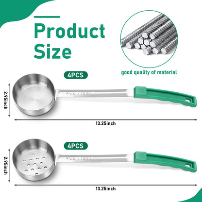 Teenyyou 8 Pcs Portion Control Serving Spoons Portion Scoops Cups Solid and Slotted Stainless Steel Ladle Spoon for Food, Serving Utensils Set for Parties(Green,4 oz)