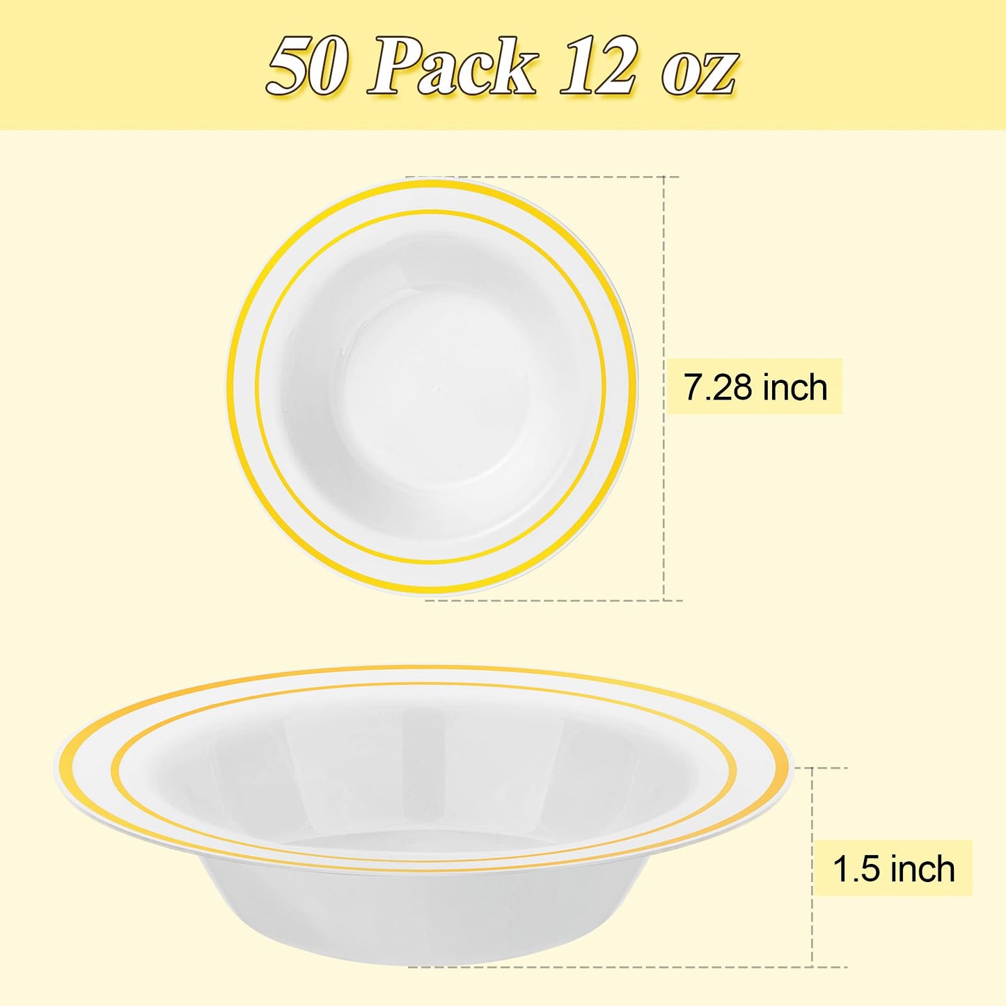 BESTSTAR 50 Pack Disposable Soup Bowls with Gold Rim, 12oz Premium Heavy Duty Plastic Dinner Bowls for Party, Wedding and Holiday