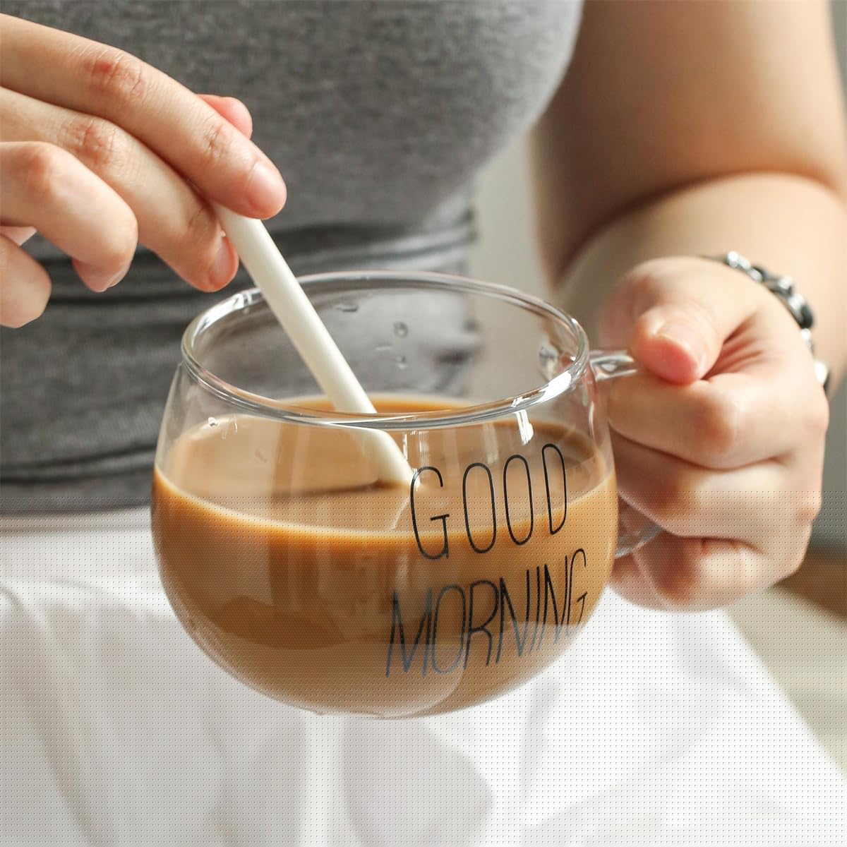 TREEWOO GOOD MORNING Clear Mug For Coffee Dessert Milk Tea Yogurt, Set of 2, Round Glass Cup Handgrip Drinkware With Bamboo Lid Tulip Ceramic Spoon (2 Black Letters Cup)