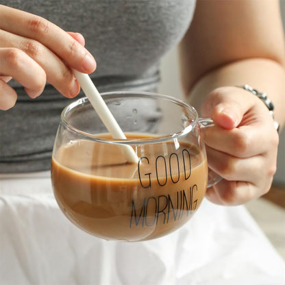 TREEWOO GOOD MORNING Clear Mug For Coffee Dessert Milk Tea Yogurt, Set of 2, Round Glass Cup Handgrip Drinkware With Bamboo Lid Tulip Ceramic Spoon (2 Black Letters Cup)