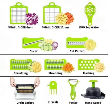 VerdeVida Vegetable Chopper, Food Chopper & Spiralizer, 15-in-1, 8 Stainless Steel Blades, Black