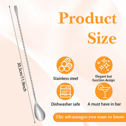 18 Pcs 12 Inch Bar Spoon Cocktail Spoon Stainless Steel Mixing Spoons Spiral Pattern with Polished Surface Stirring Spoons for Cocktail Coffee Drinks, Home Bar Party (Silver)