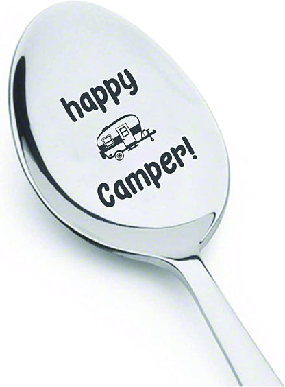 THE BASH AFFAIR Happy Camper Engraved Spoon Gift for Friend, 7 Inch Stainless Steel for Camping