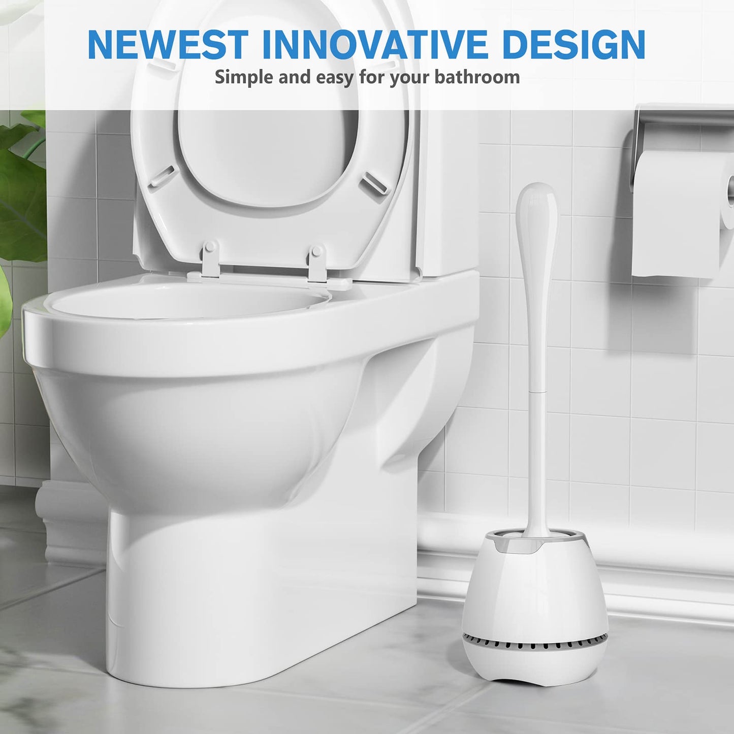 Toilet Brush and Holder, Toilet Bowl Brush with Ventilated Holder and Ergonomic Long Handle, Durable Bristles Toilet Scrubber Set for Bathroom Cleaning