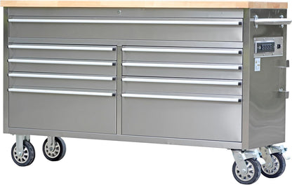 61-Inch Heavy-Duty Rolling Tool Chest & Mobile Workbench with 9 Drawers, Steel Storage Cabinet, Rubber Wood Tabletop, Key Locking System and Drawer Liners for Garage, Workshop, Repair Shop, Silver