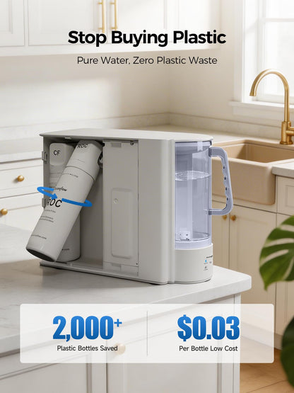 Purcooflow Countertop Reverse Osmosis Water Filtration System, Compact Auto-Fill Dispenser for Home, 4-in-2 RO & CTO Water Purifier, 3.5:1 Pure to Drain Ratio, No Plumbing Required