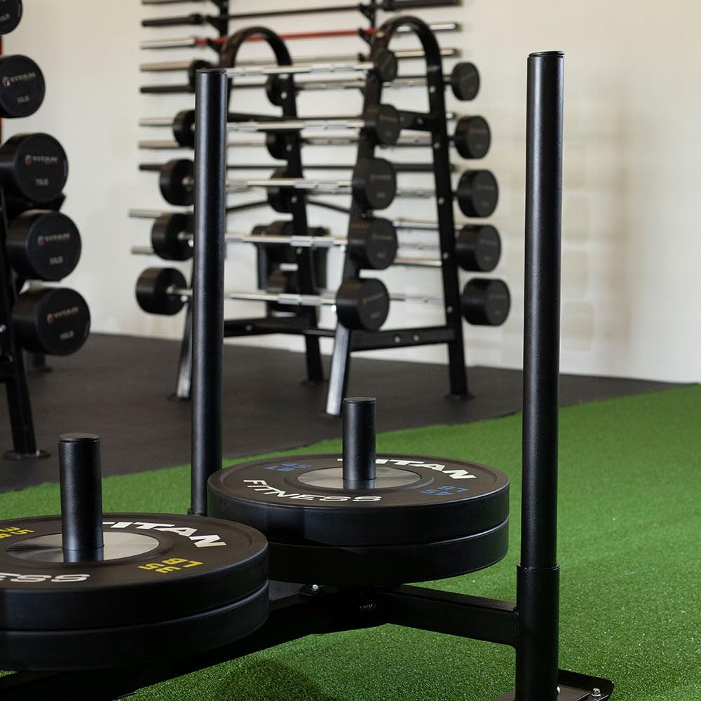 Titan Fitness High-Low Push Pull Drag Sled for Speed Training and Agility, 600 LB Capacity, Use on Grass, Turf, Concrete or Asphalt, Fits Olympic Weight Plates (Sled with (3) UHMW Plastic Ski Liners)