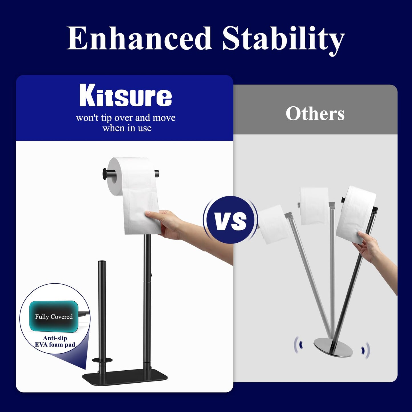 Kitsure Toilet Paper Holder Free Standing - Large Capacity Toilet Paper Holder for 4 Rolls, Rustproof Toilet Paper Stand with Non-Slip Stable Base, Black, Medium