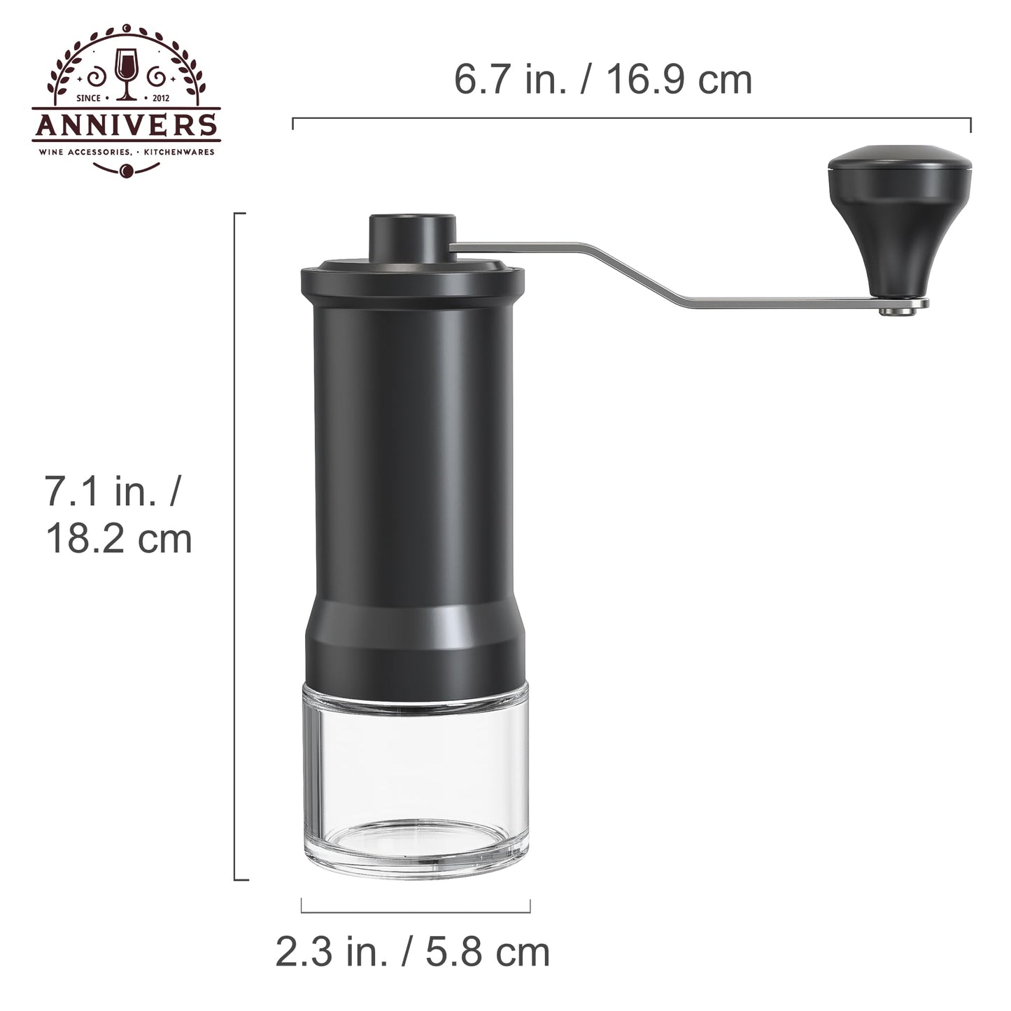 ANNIVERS Manual Coffee Grinder Hand Coffee Bean Grinder Burr Grinder, Adjustable Coarseness Ceramic Burr Glass Jar Stainless Steel Crank Brush, for Espresso French Press Drip, Moulin à Café Manuel
