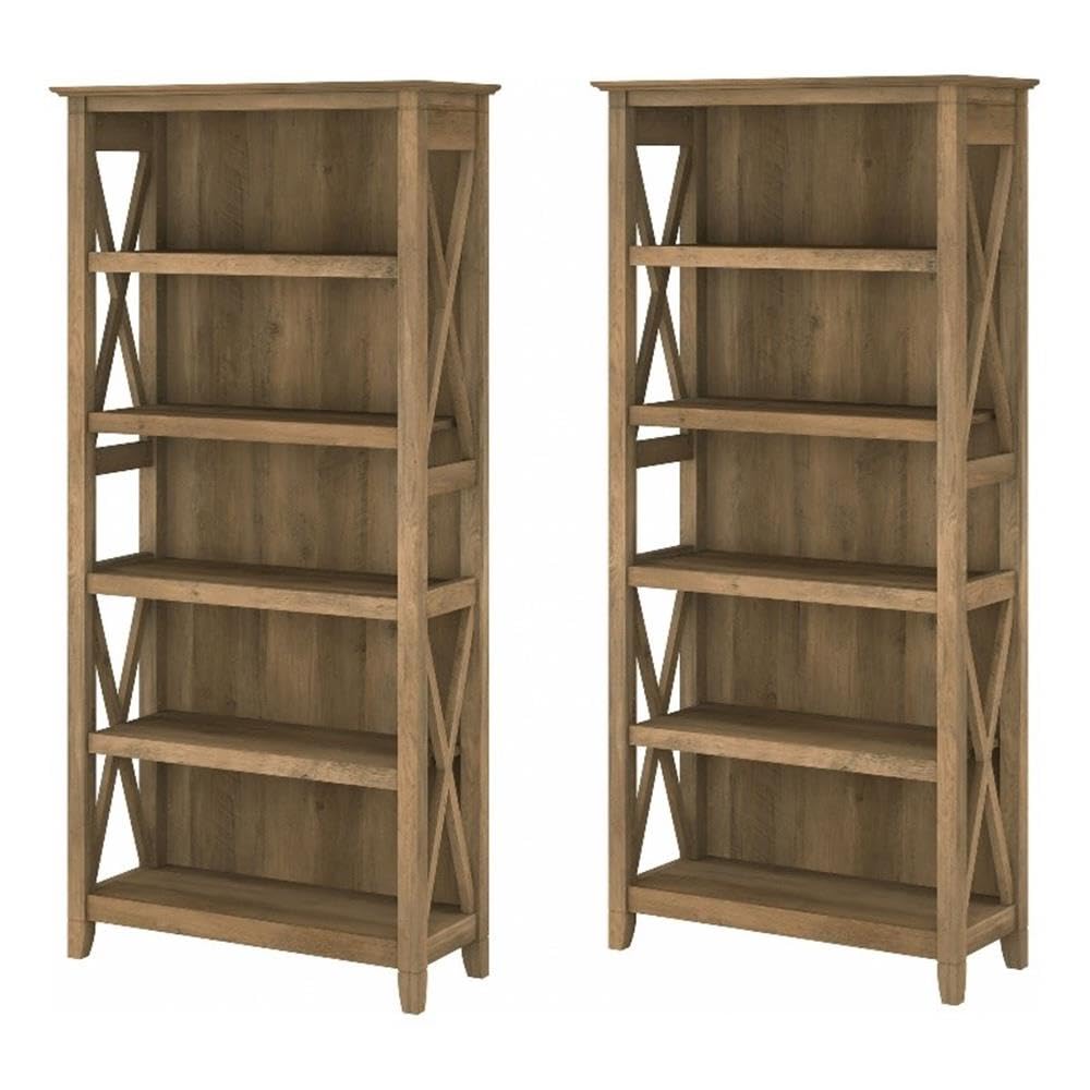Bush Home Key West 5 Shelf Bookcase - Set of 2 | Tall Bookshelves in Reclaimed Pine | Sturdy Display Shelves for Library, Living Room, and Home Office