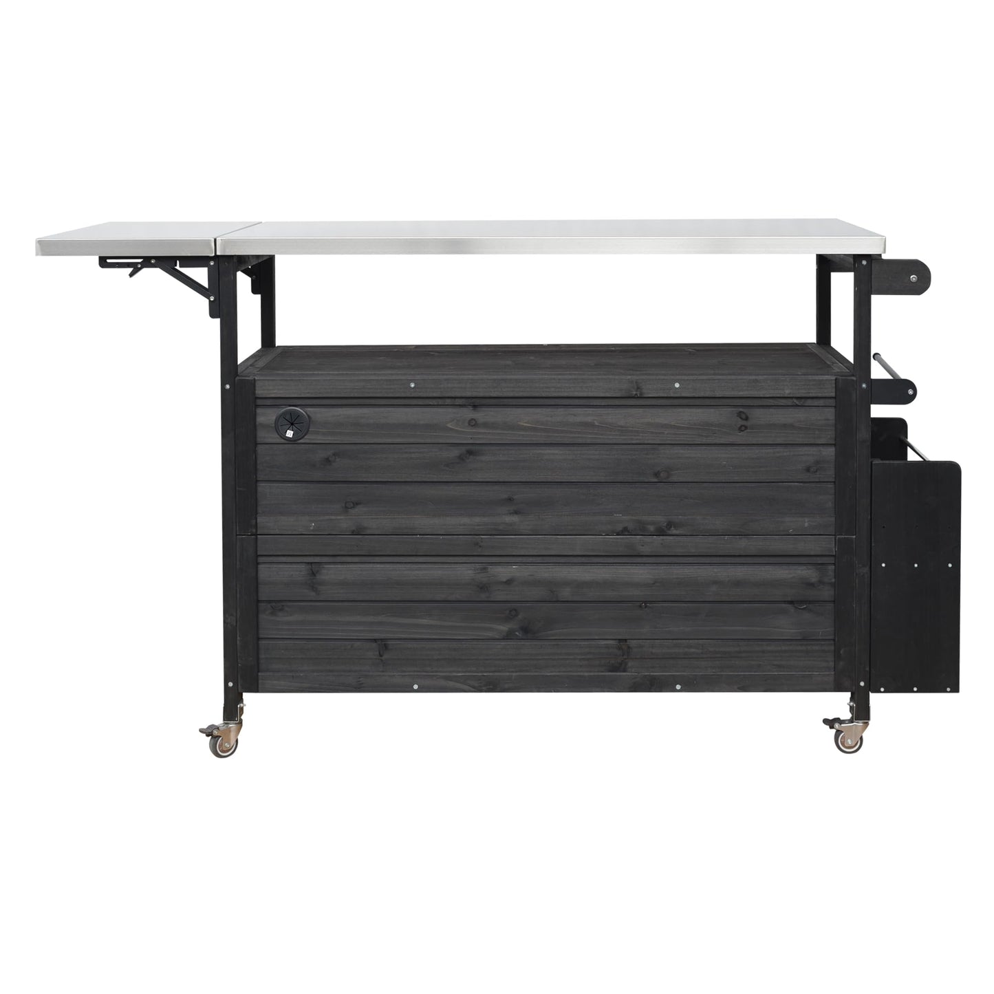 Outdoor Kitchen Island Cart with Foldable Stainless Steel Top, Rolling Grill Table with Adjustable Shelf Storage Spice Rack and Towel Holder, Wooden BBQ Prep Station with Lockable Wheels, Black