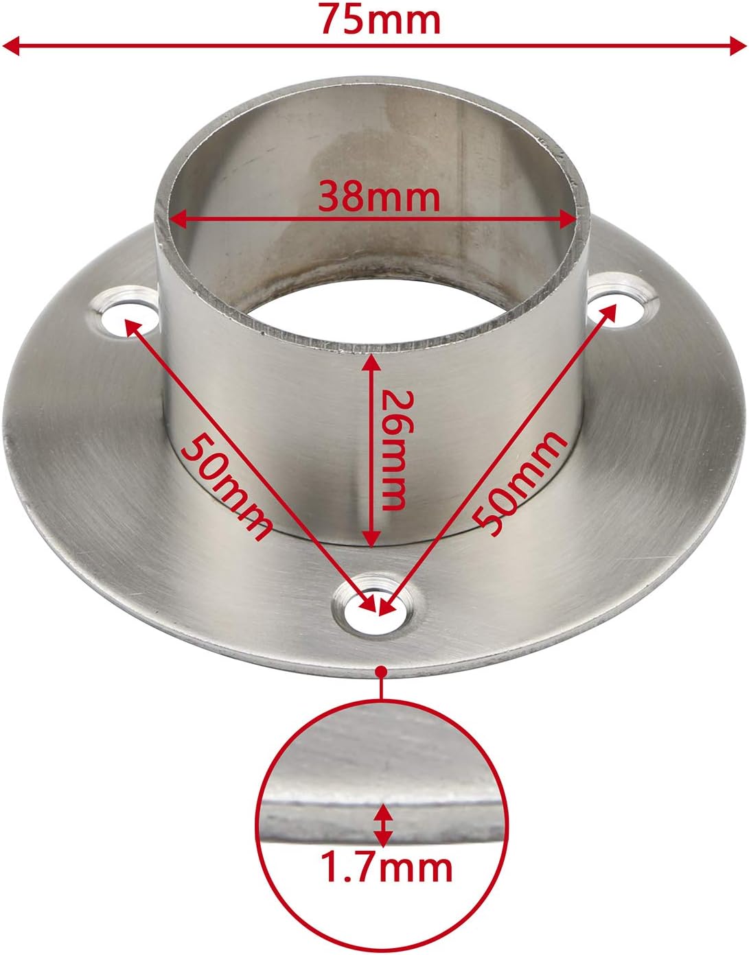 Stainless Steel Closet Rod Flange Holder for 1.5 inch (38mm) Diameter Steel Pipe, Pack of 2