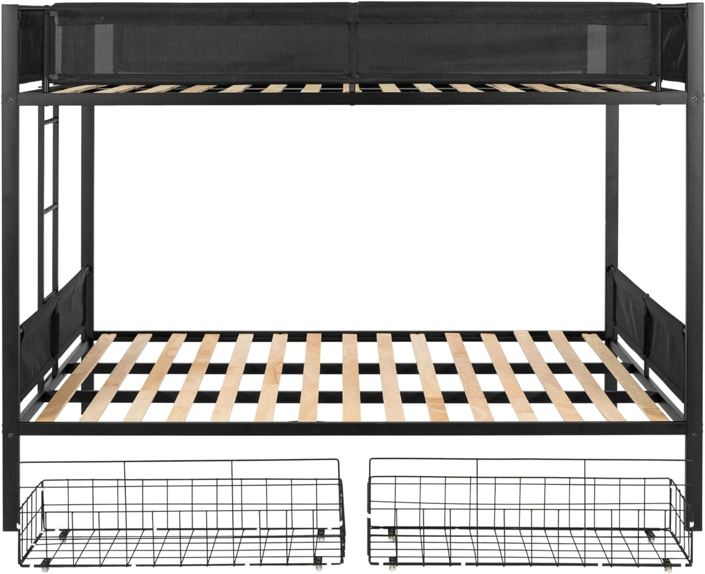 DNYN Queen Over Queen Bunk Bed with Drawers for Kids Bedroom,Space Saving Metal Bedframe w/Ladder & Safety Rails,Easy Assembly & No Box Spring Needed,for Dorm,Guest Room, Black