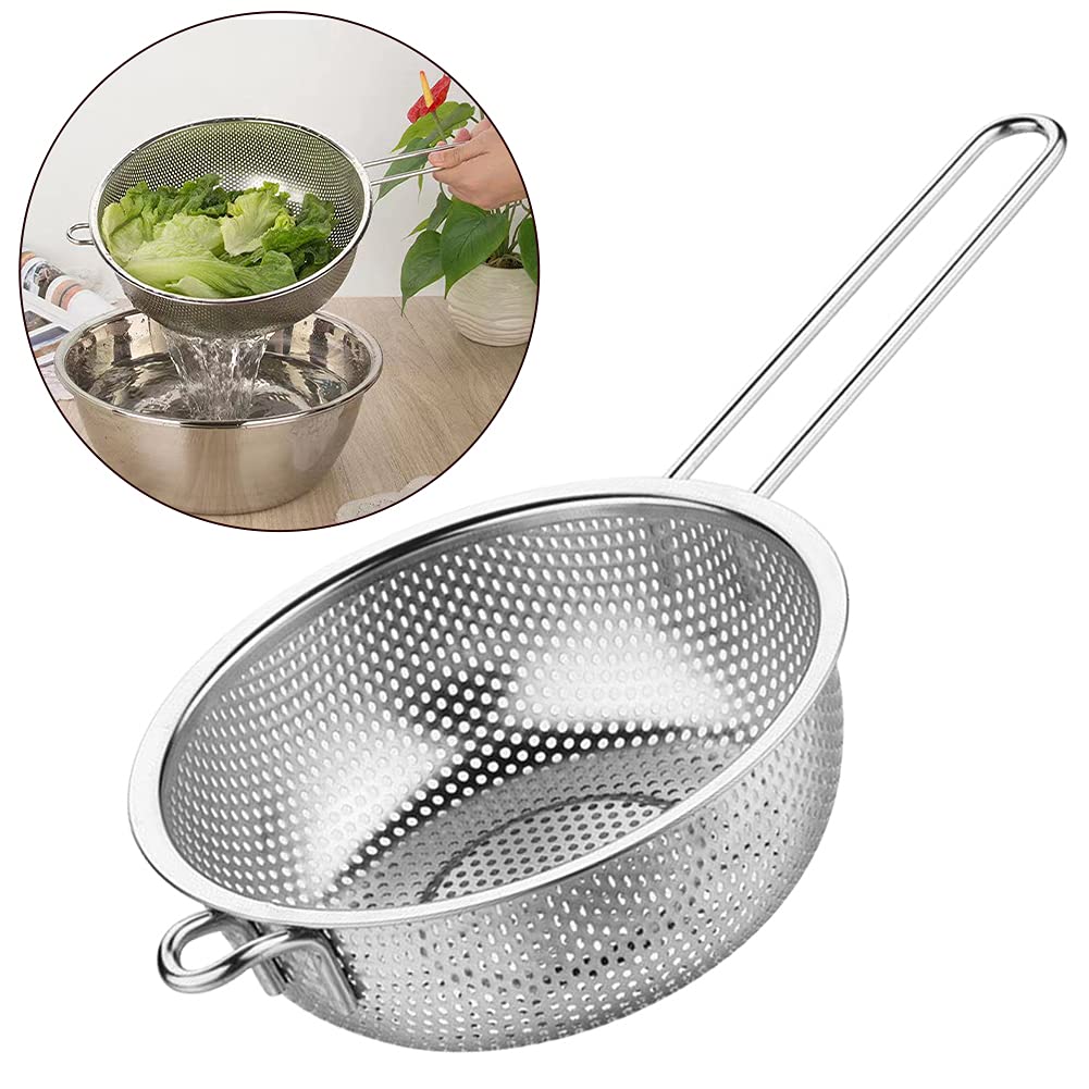 Stainless Steel Colander with Handle, Fine Mesh Strainer Kitchen Food Strainer, Large Metal Colander Great for Pasta, Noodles, Vegetables and Fruits(COLOR:Silver)