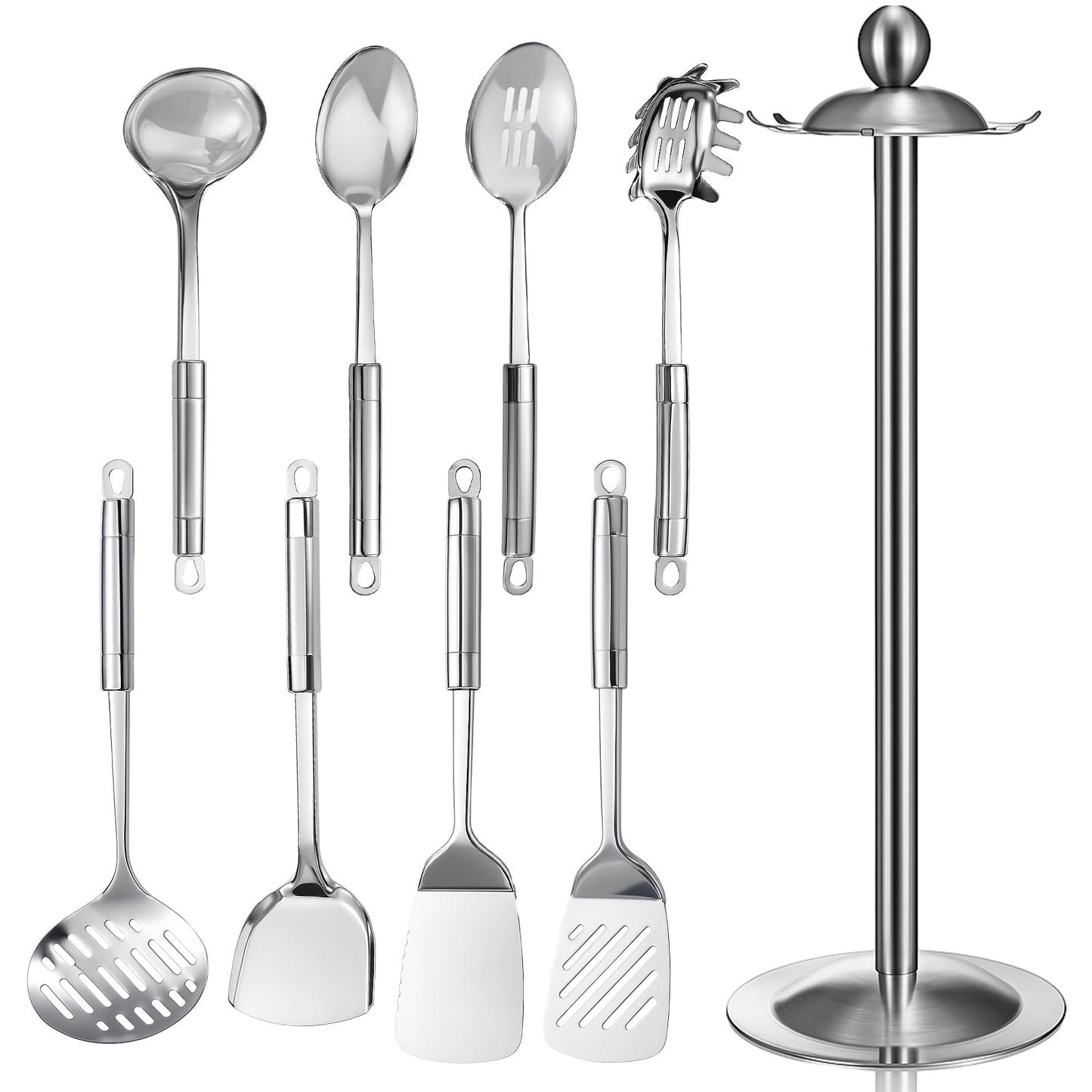 LemonRoad 9 Pcs 18/0 Stainless Steel Cooking Utensils Set Metal Kitchen Utensil Set with Holder, Dishwasher Safe, Adult Home Cooking Housewarming Daily Use