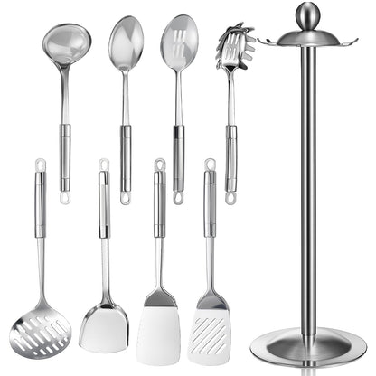 LemonRoad 9 Pcs 18/0 Stainless Steel Cooking Utensils Set Metal Kitchen Utensil Set with Holder, Dishwasher Safe, Adult Home Cooking Housewarming Daily Use