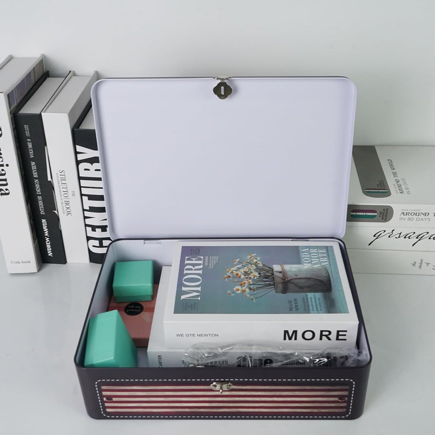 DreamsEden Decorative Storage Box & Pen Holder, Desktop Pen Pencil Cup Organizer Tin Box with Padlock Keepsake Container Office Home Patriotic Decor (American Flag)