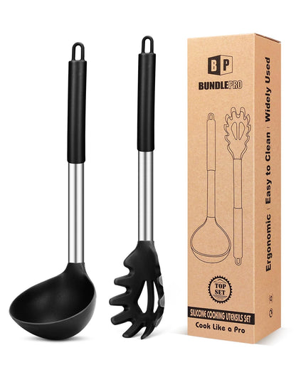 Silicone Pasta Fork and Ladle Spoon Set, Large Non Stick Kitchen Utensils for Cooking,Stirring,Serving Spaghetti, Soup, Sauce (BLACK)