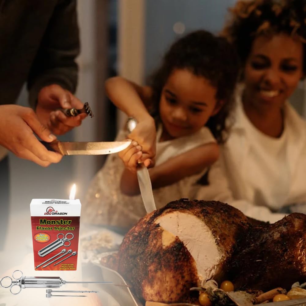BBQ Dragon Meat Syringe Injector Kit - Stainless Steel Marinade Injector for Smoking Turkey & Brisket - Food Injector with 3 Needles for Liquid & Chunky Marinades - Flavor Injector for Meat & Poultry