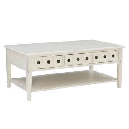 Powell Kelly Cream Coffee Table with Three Pull Thru Drawers and Open Shelf