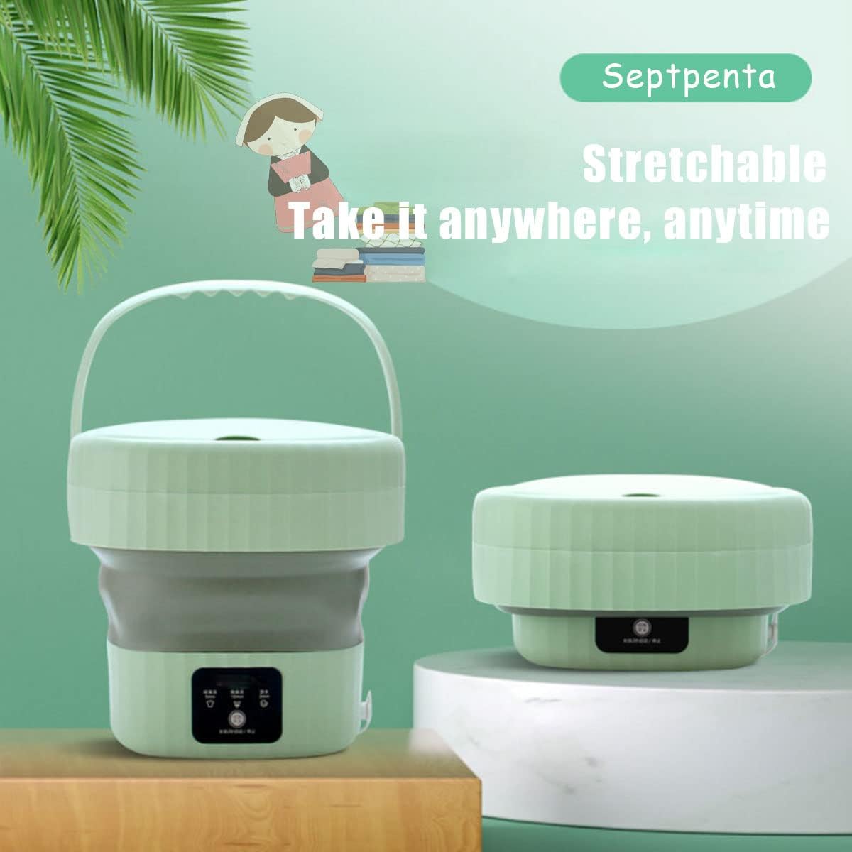 Septpenta 6L Portable Mini Washing Machine with Drain Valve, Foldable Design for Travel, Camping, Baby (Green)