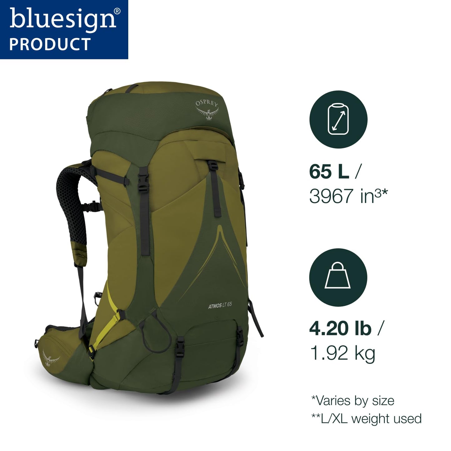 Osprey Atmos AG LT 65L Men's Backpacking Backpack, Scenic Valley/Green Peppercorn, L/XL