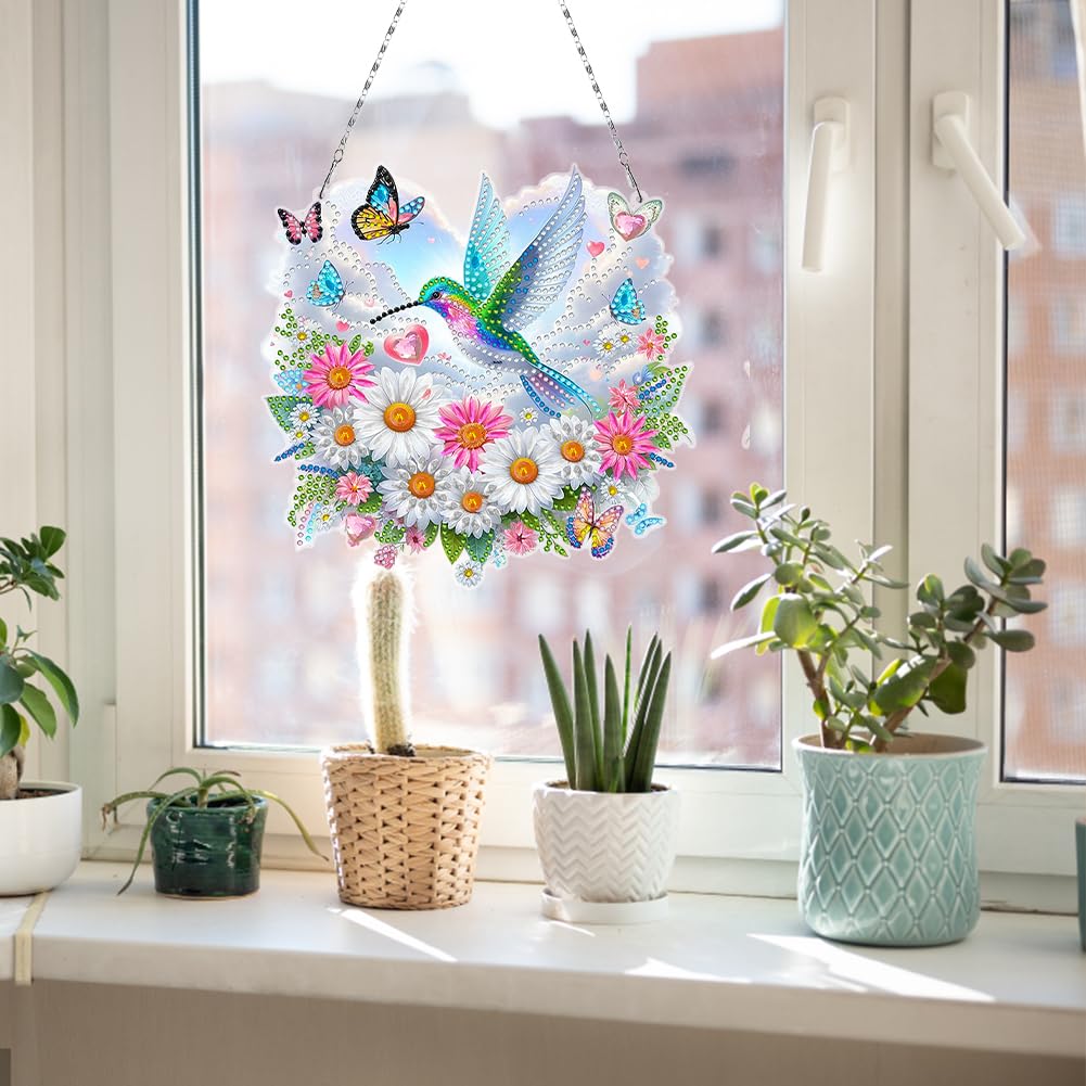C'eitura Daisy Flowers Hummingbird Cloud Acrylic Special Shape Diamond Art Painting Hanging Pendant Kit - DIY Window Suncatcher for Home Wall Decor, Sparkling Garden Craft