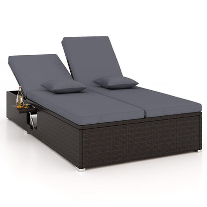 Tangkula Outdoor Rattan Daybed with 6-Level Adjustable Backrests, 2-Person Adjustable Wicker Recliner Bed with Cushions & Folding Side Trays, Double Sunbed Lounger for Balcony, Backyard & Poolside