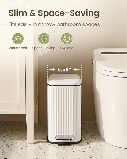 Cesun Bathroom Small Trash Can with Lid Soft Close - 1.3 Gallon Slim Garbage Can with Removable Inner Bucket, Stainless Steel Waste Basket with Step Pedal for Bedroom, Living Room, Office, White