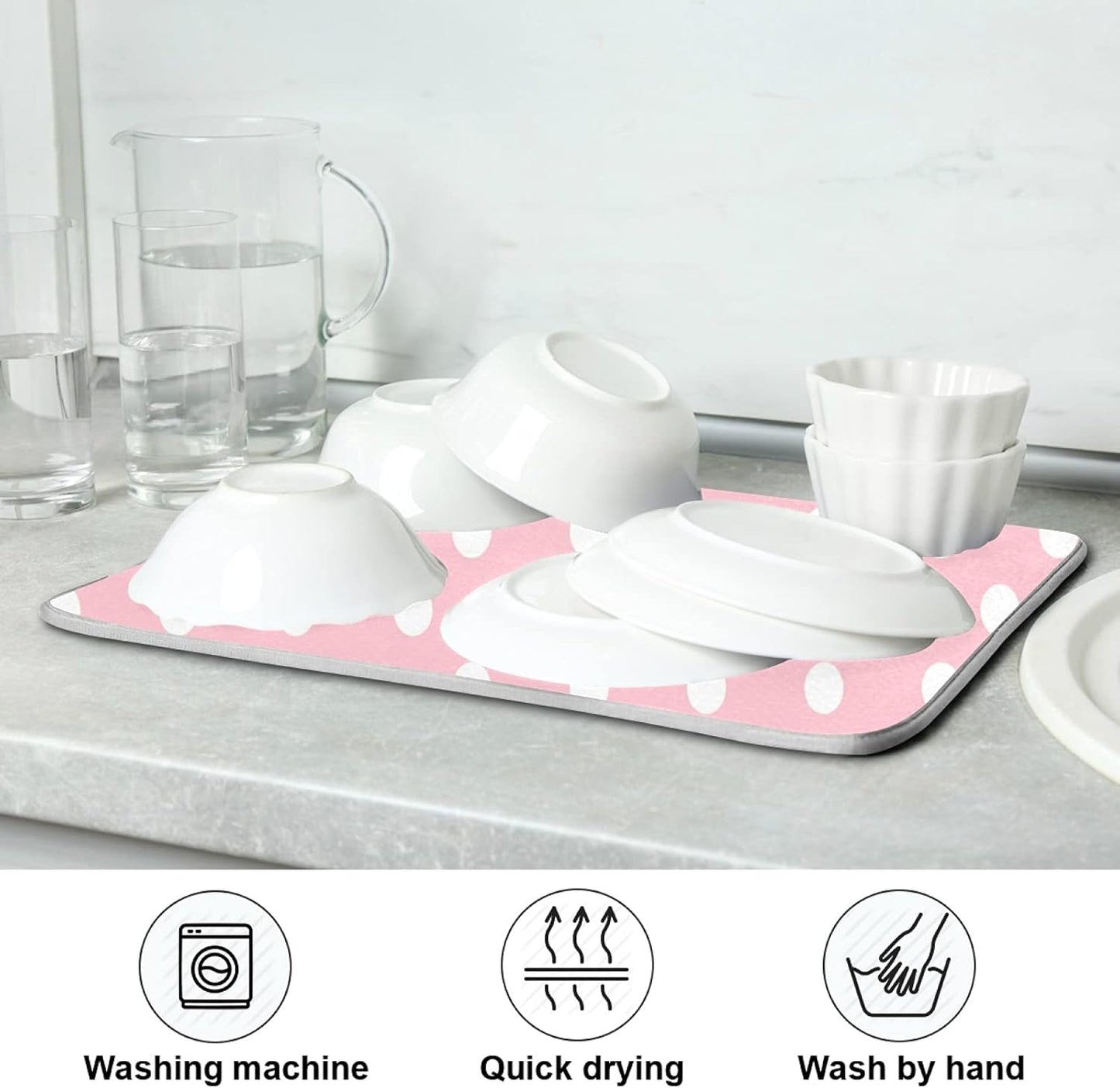 Pink White Polka Dot Dish Drying Mat for Kitchen Counter, 18 x 24 Inch Absorbent Microfiber Drainer Mat