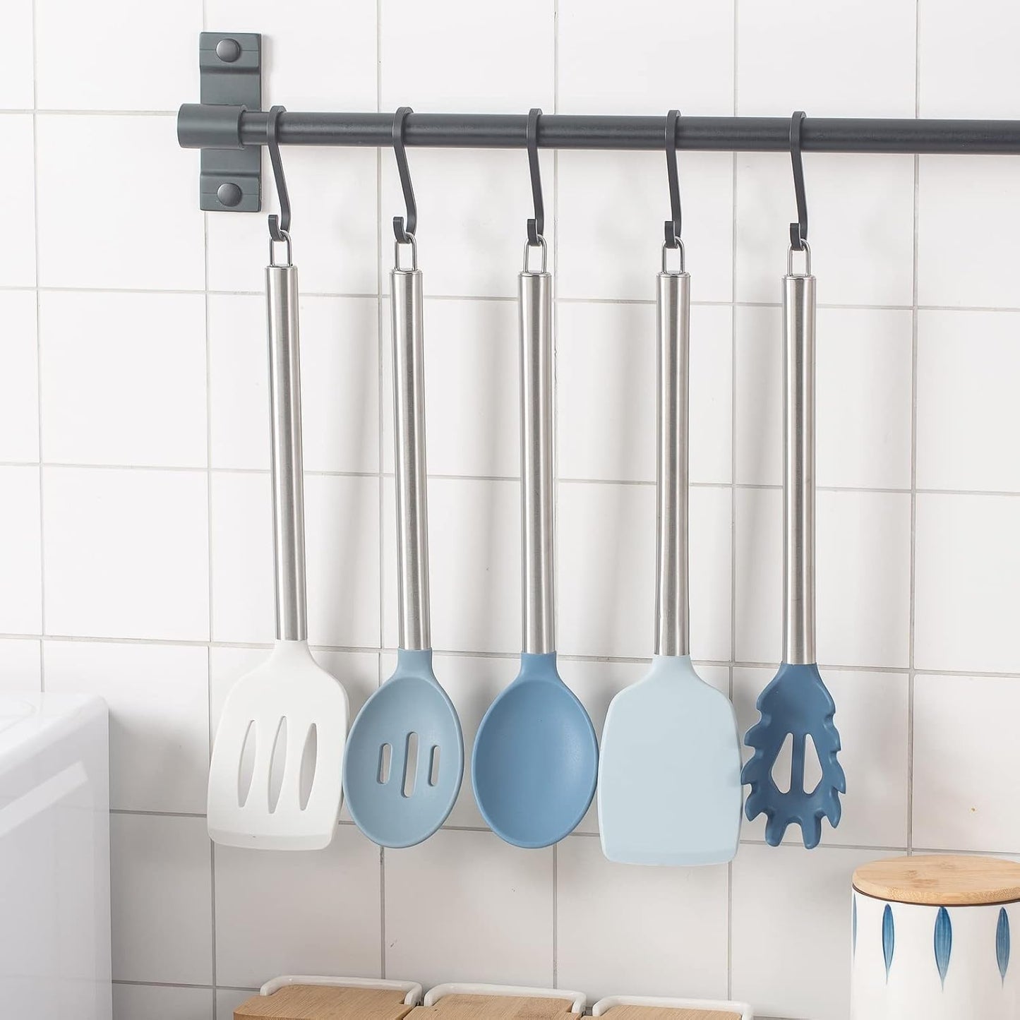 COOK WITH COLOR Silicone Cooking Utensils - 5 Pc Kitchen Utensil Set for Nonstick Cookware (Blue and White)
