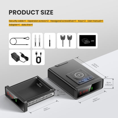 Biometric Smart Safe with Wireless Charging for Phone and Watch, Quick Access with Backlit Keypad,Auto Open Drawer Gun Lock Box with Humidity,Temperature, Digital Clock,LED Screen 1PCS