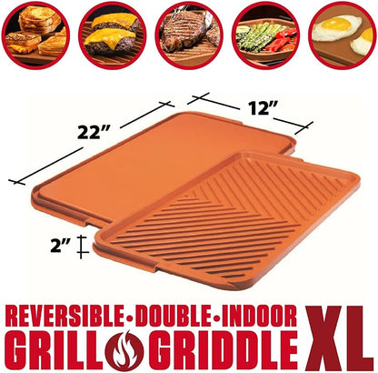 Gotham Steel XL Nonstick 2 in 1 Griddle Pan & Grill Pan, Reversible Copper Griddle for Stovetop & Outdoor Use